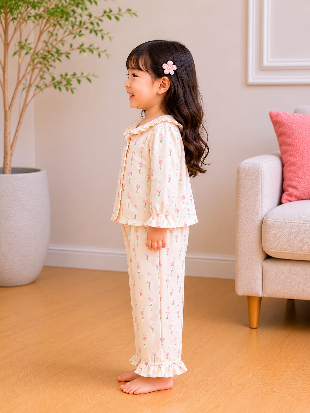 Girls' Floral Ruffle Cotton Pajama Set