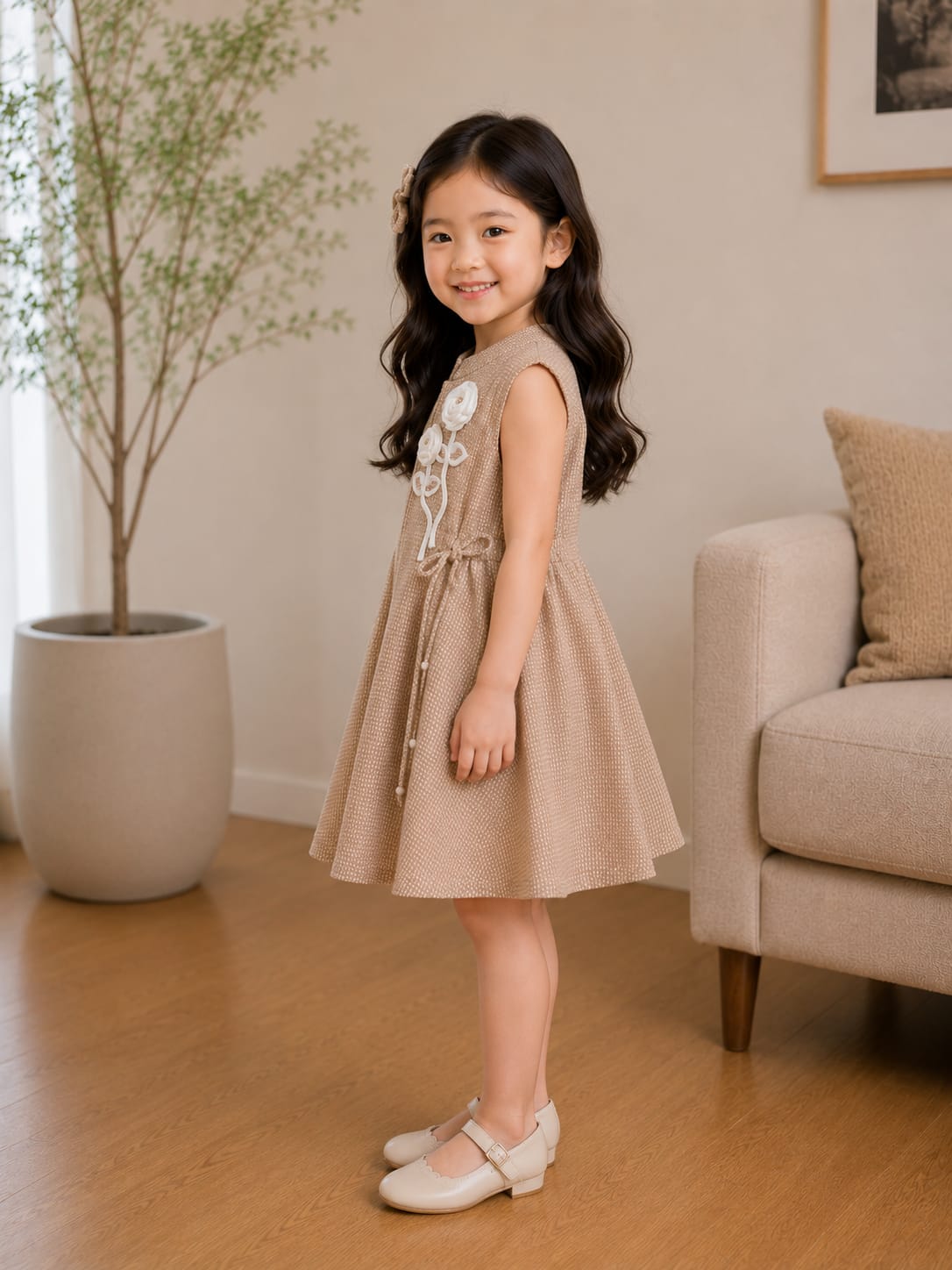 Girls' Textured A-Line Dress with 3D Floral Applique