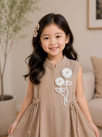 Girls' Textured A-Line Dress with 3D Floral Applique