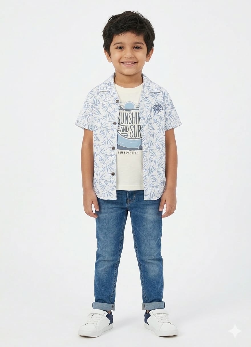 Boys' Tropical Palm Print Resort Collar Shirt