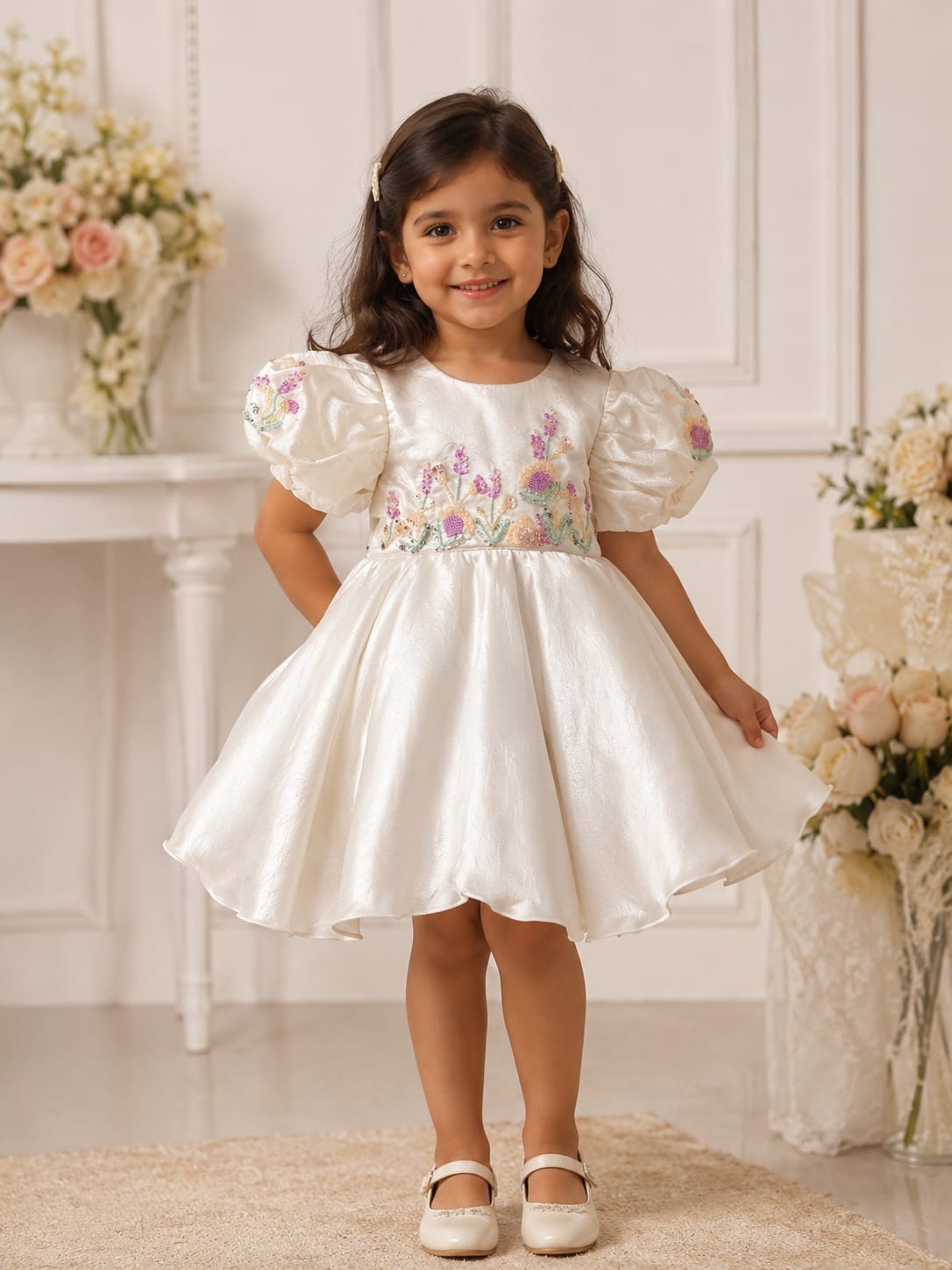 Girls' Ivory Shimmer Floral Embroidered Party Dress