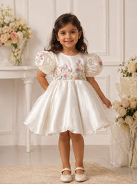 Girls' Ivory Shimmer Floral Embroidered Party Dress