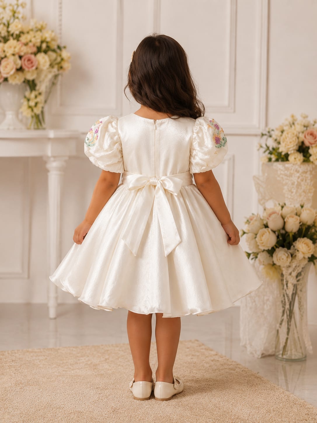 Girls' Ivory Shimmer Floral Embroidered Party Dress