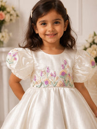 Girls' Ivory Shimmer Floral Embroidered Party Dress