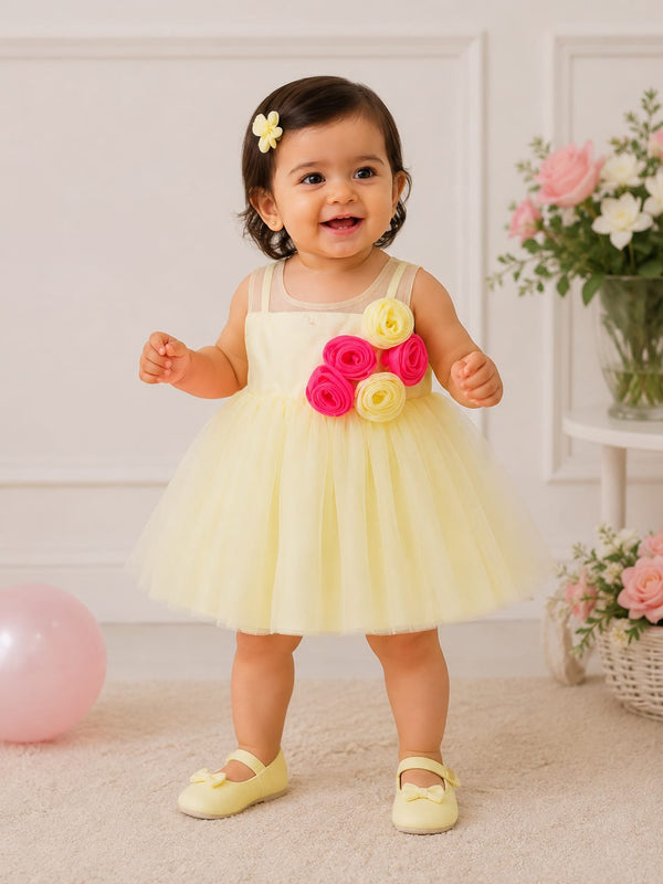 Baby Girl's Pastel Yellow Floral Rosette Tulle Party Dress