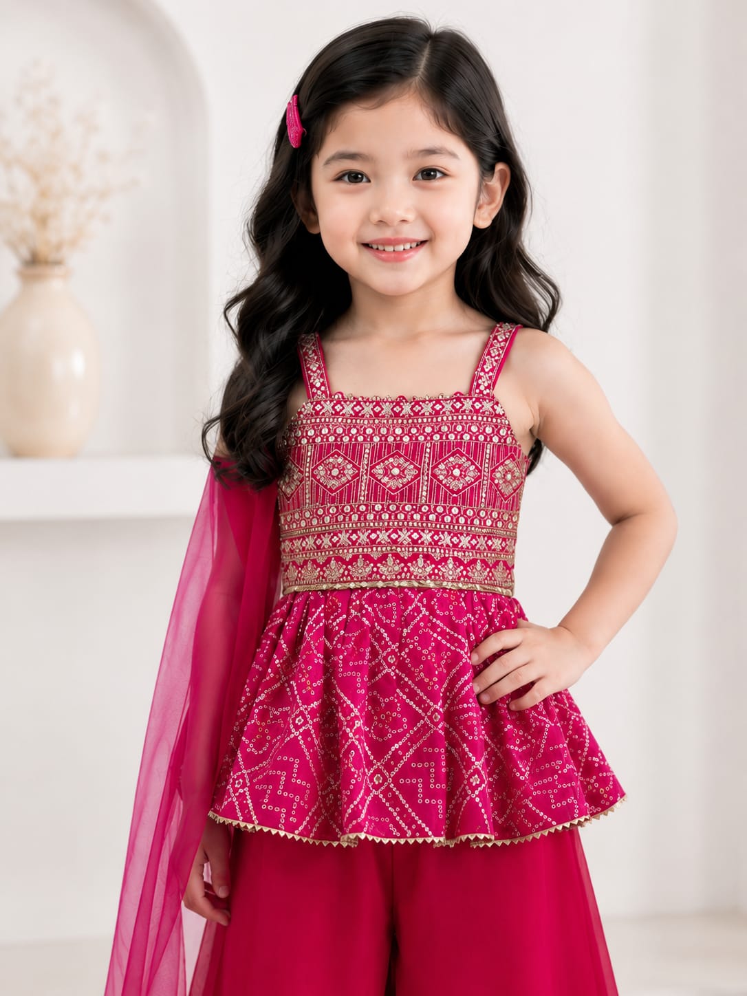 Girls' Embroidered Peplum Sharara Set