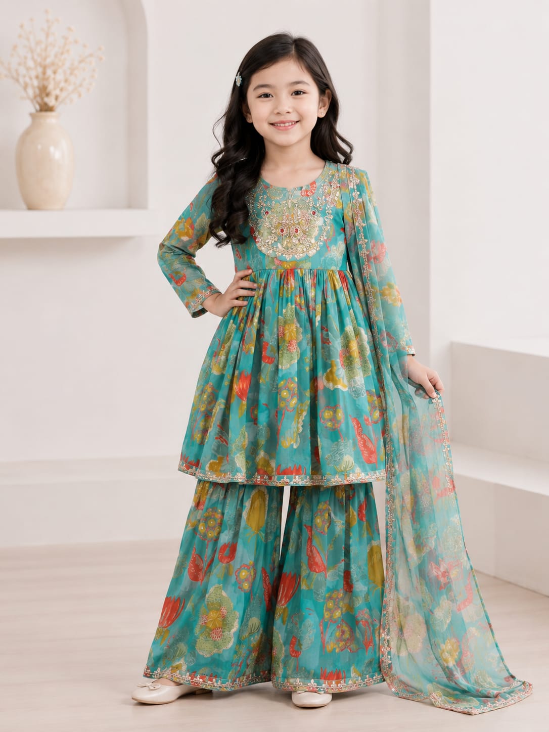 Marigold Floral Print with Gota Embroidery