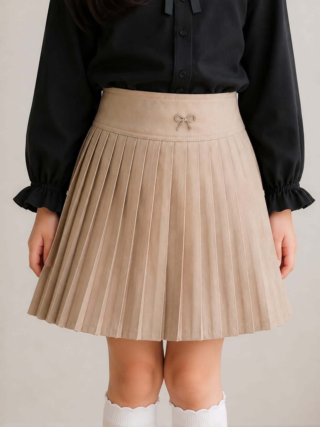 Girls' Preppy Pleated Beige Skirt