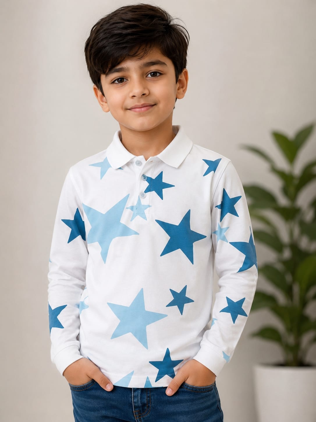 Boys' Star Print Long-Sleeve Polo Tee