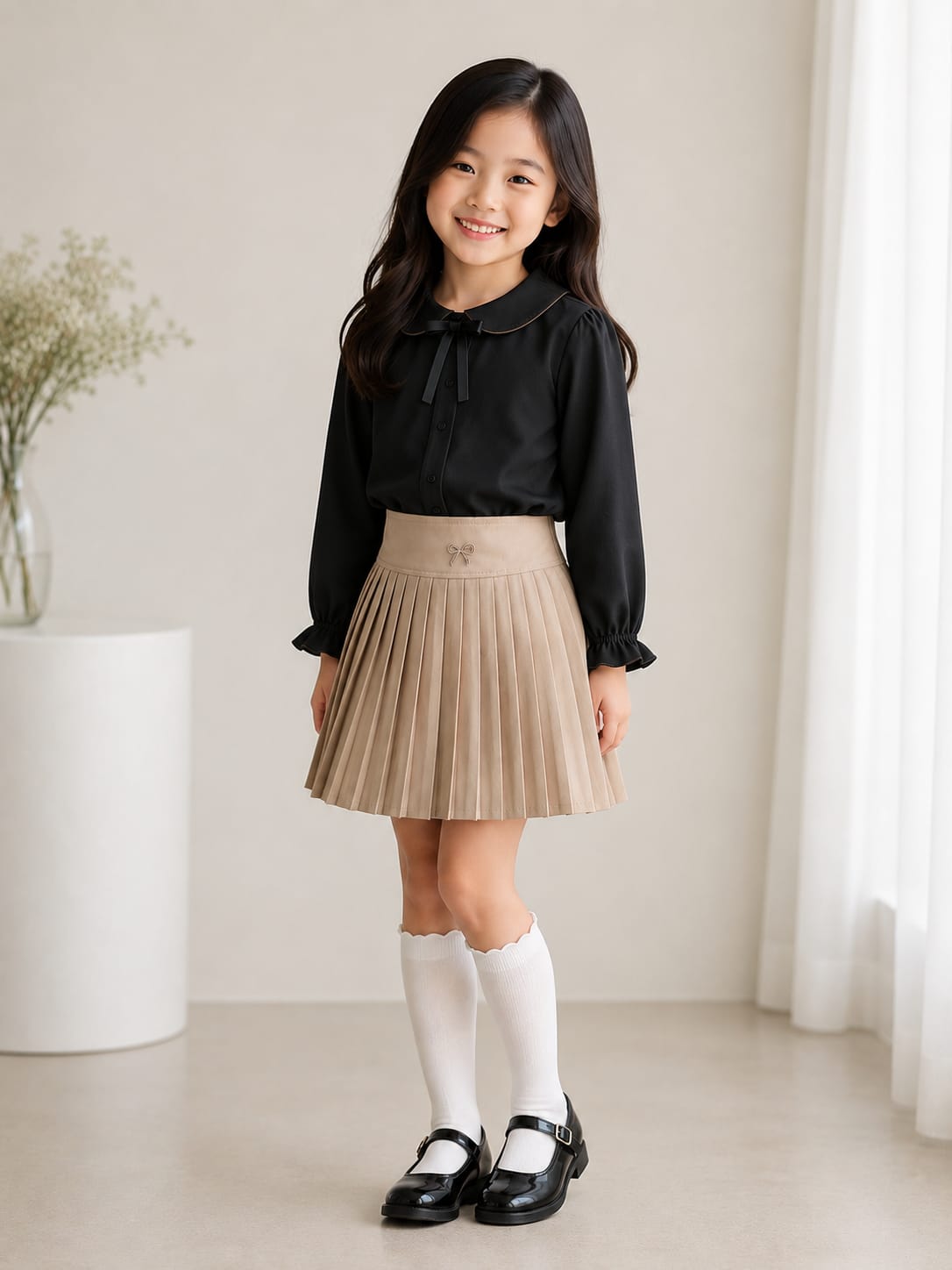 Girls' Preppy Pleated Beige Skirt