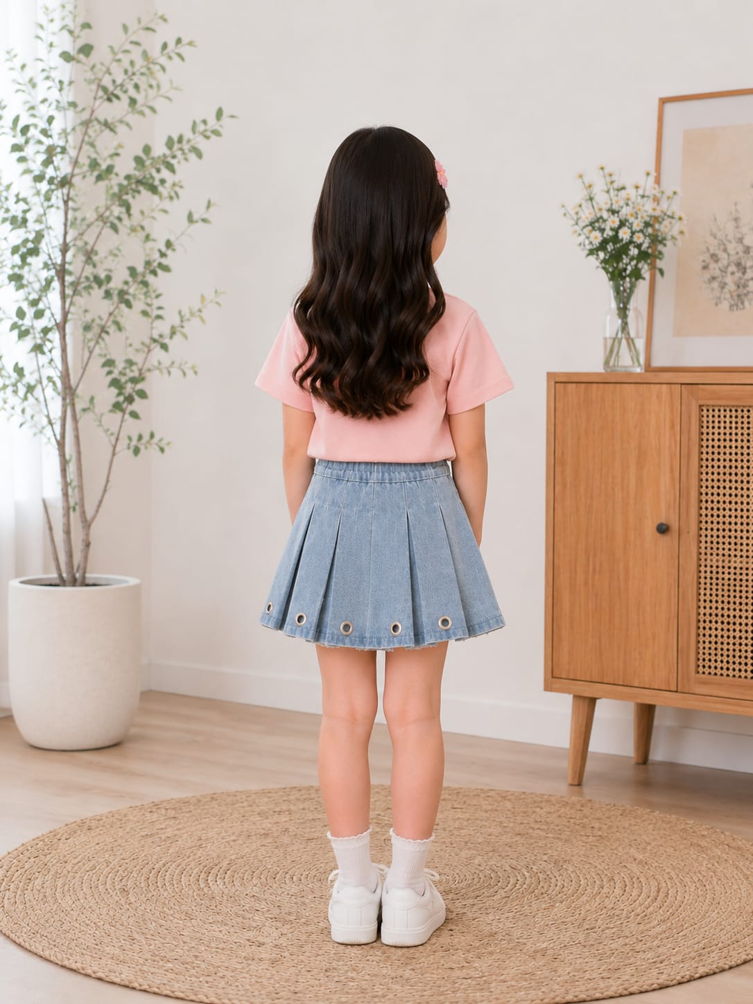 Girls' Pleated Denim Skirt with Eyelet