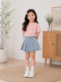 Girls' Pleated Denim Skirt with Eyelet