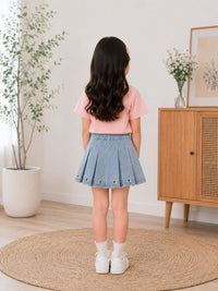 Girls' Pleated Denim Skirt with Eyelet