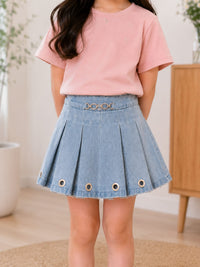 Girls' Pleated Denim Skirt with Eyelet