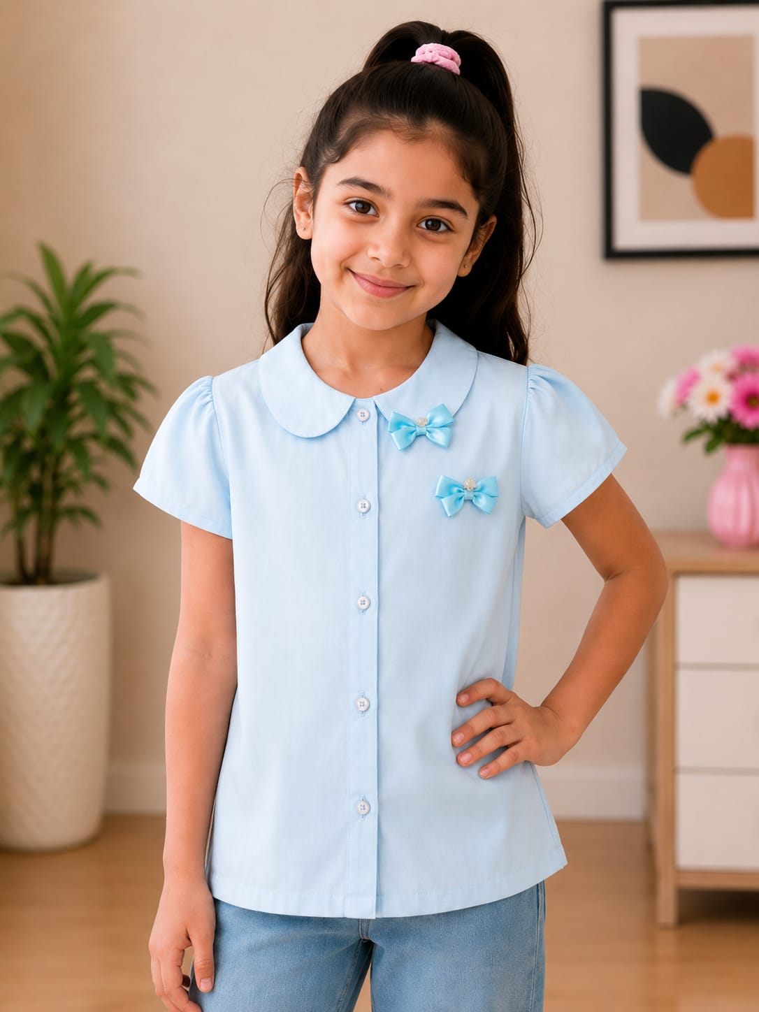 Girls' Peter Pan Collar Bow Detail Blouse