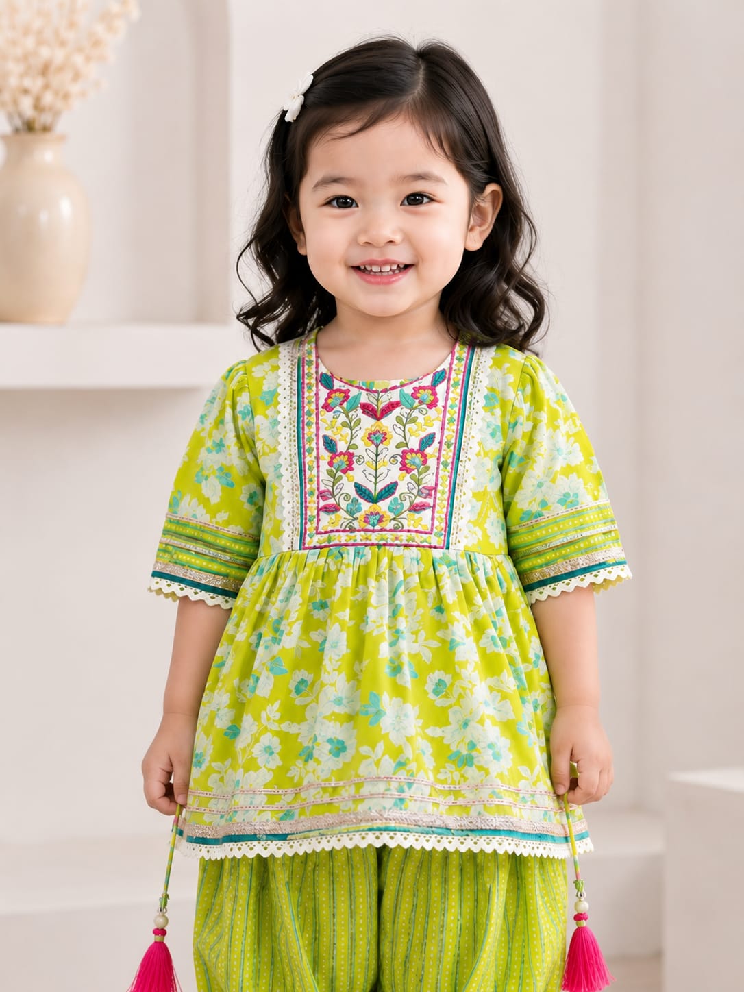 Girls' Floral Print Peplum Kurta & Dhoti Pants Set