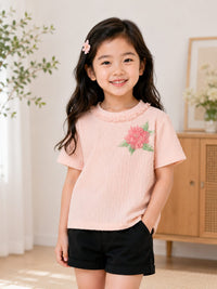 Girls' Rose Applique Textured Knit Top