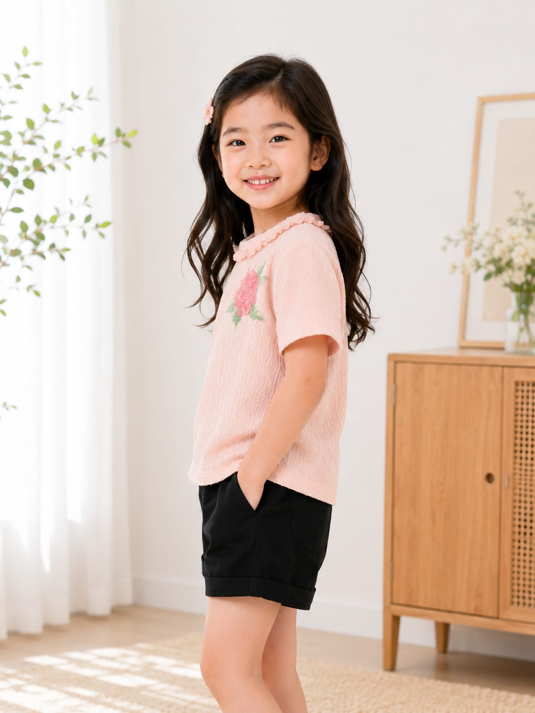 Girls' Rose Applique Textured Knit Top