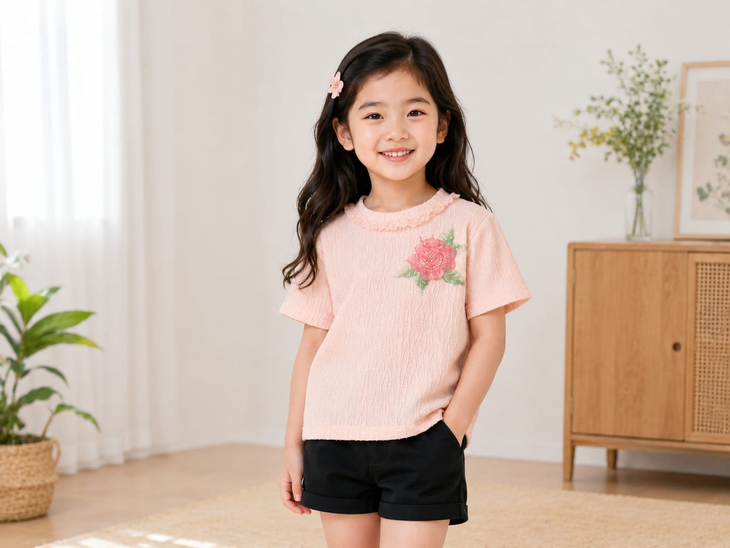 Girls' Rose Applique Textured Knit Top