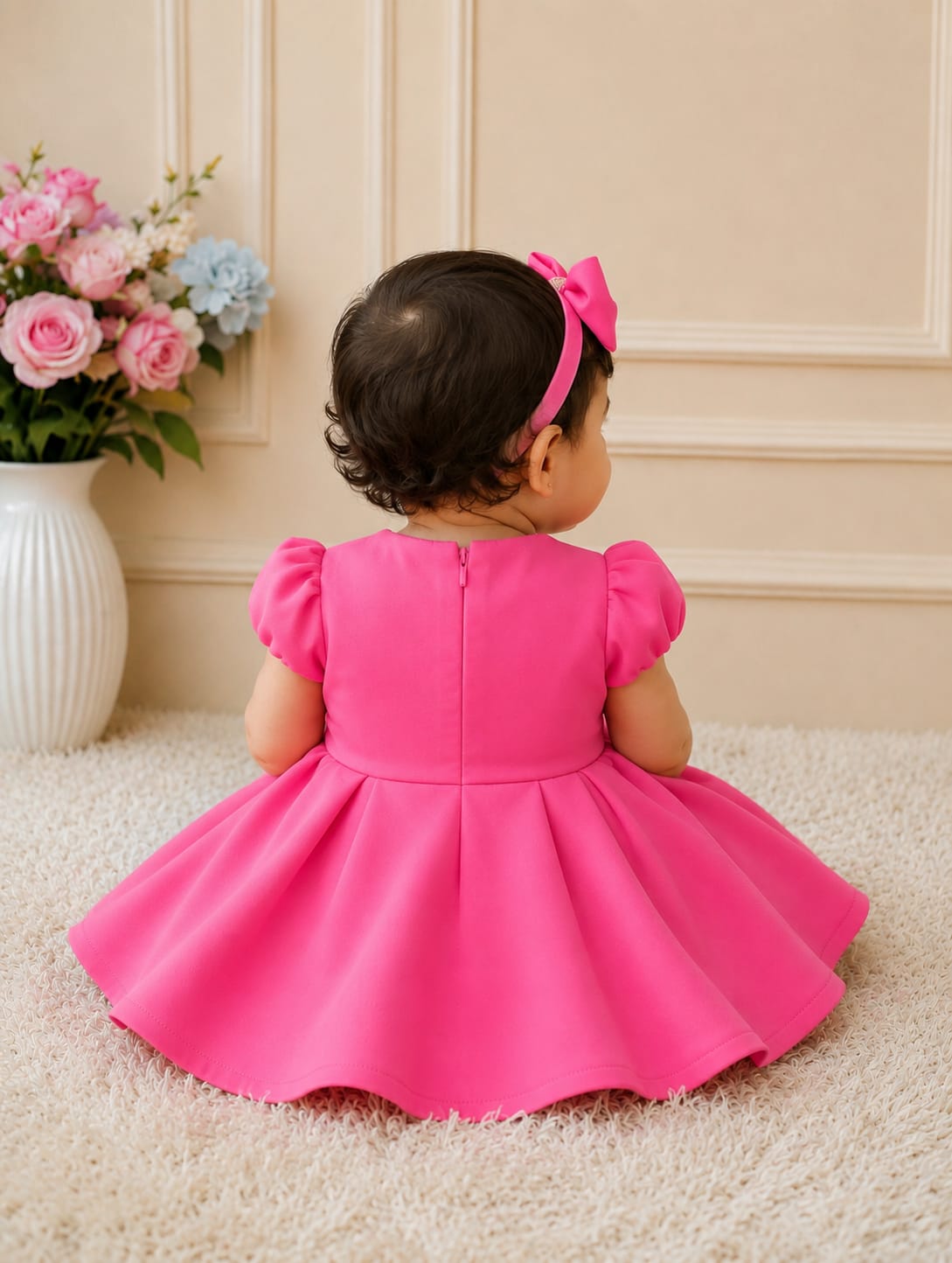 Vibrant Fuchsia Infant Birthday Frock with Matching Headband
