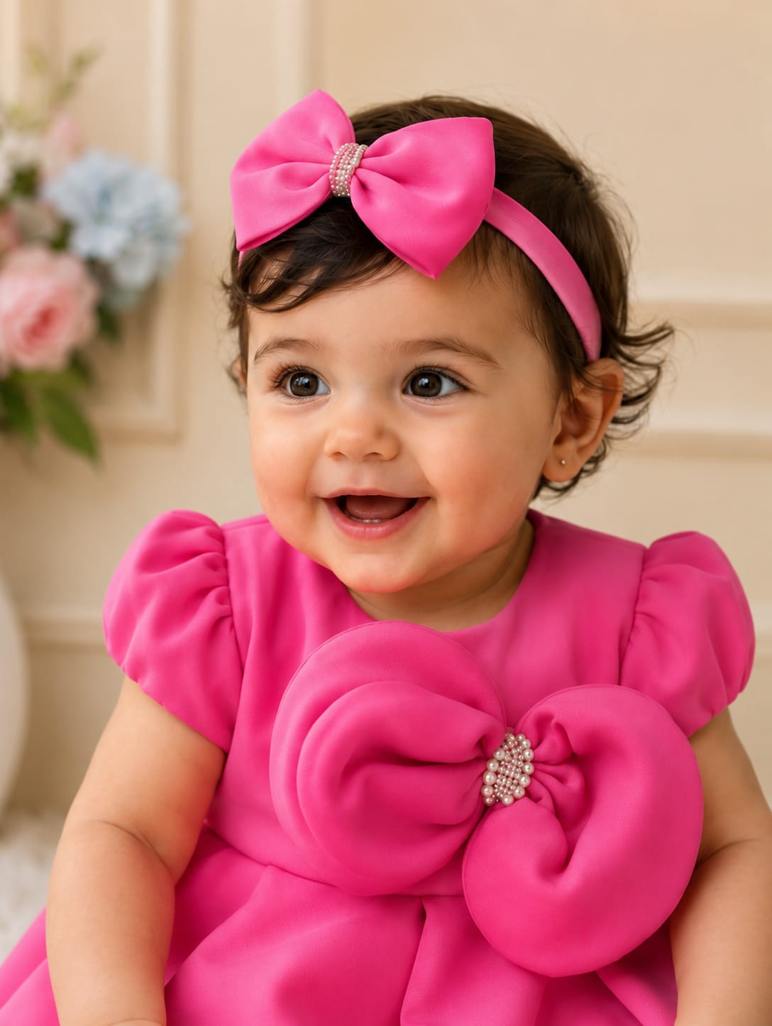 Vibrant Fuchsia Infant Birthday Frock with Matching Headband