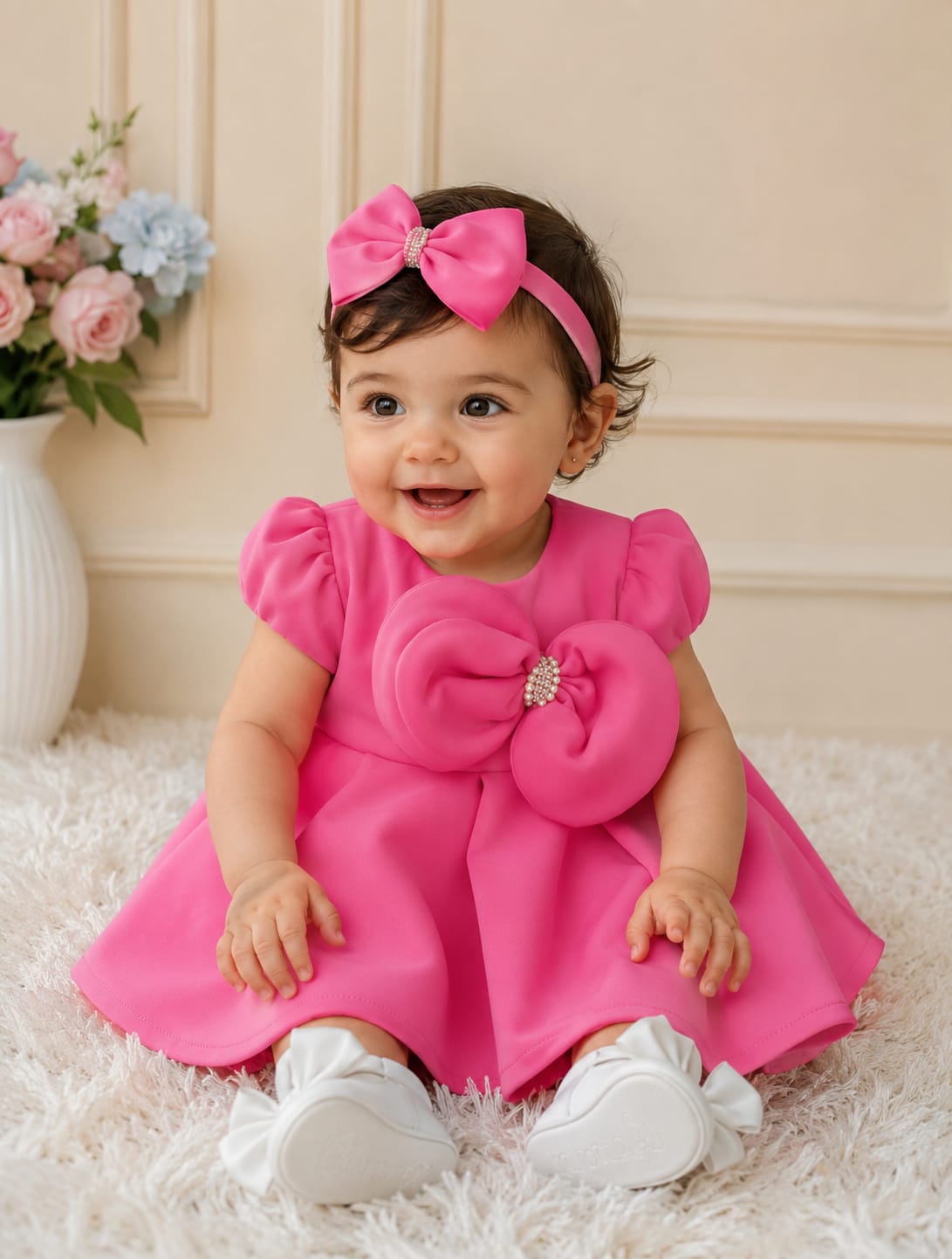 Vibrant Fuchsia Infant Birthday Frock with Matching Headband