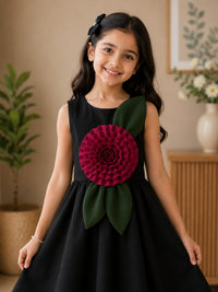 Elegant Black A-Line Frock with 3D Floral Applique