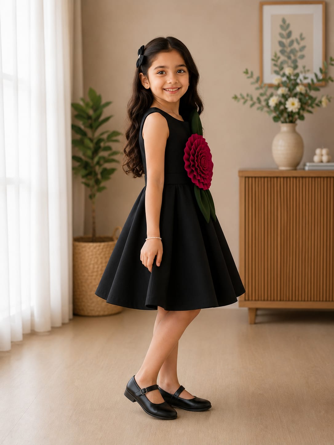 Elegant Black A-Line Frock with 3D Floral Applique