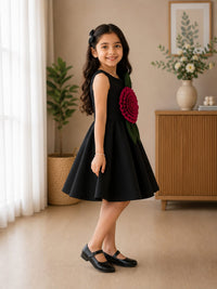 Elegant Black A-Line Frock with 3D Floral Applique