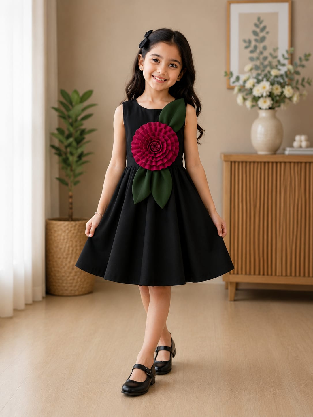 Elegant Black A-Line Frock with 3D Floral Applique