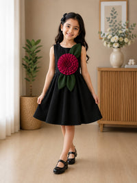 Elegant Black A-Line Frock with 3D Floral Applique