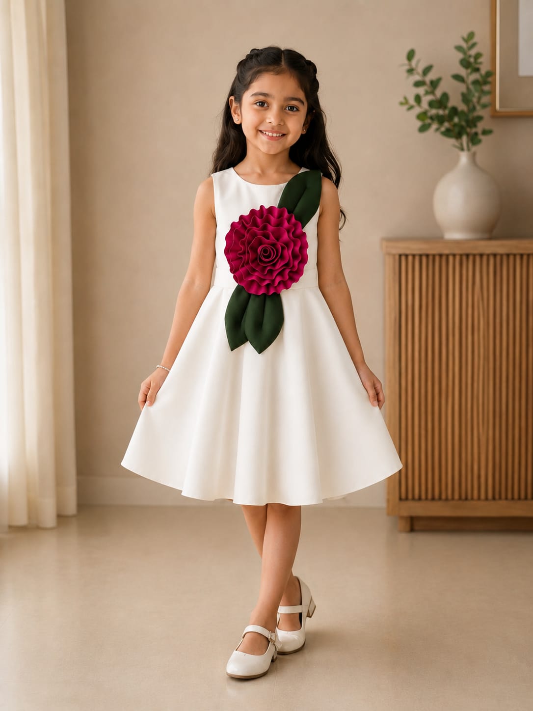 Charming White A-Line Frock with 3D Floral Applique
