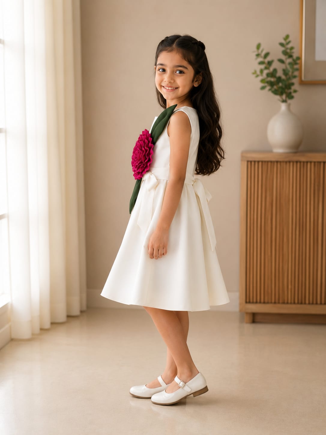 Charming White A-Line Frock with 3D Floral Applique