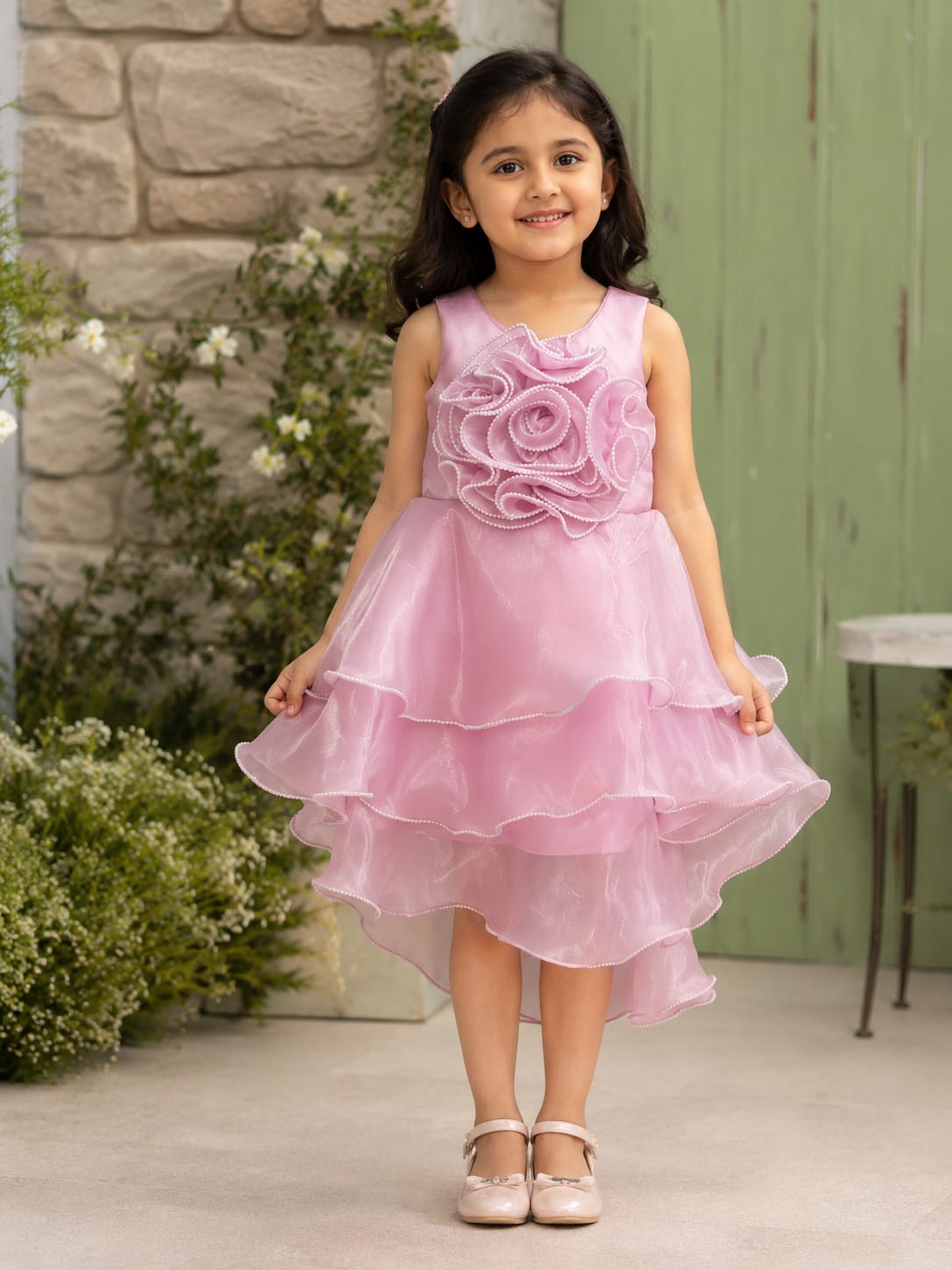 Elegant Pink Organza High-Low Party Dress