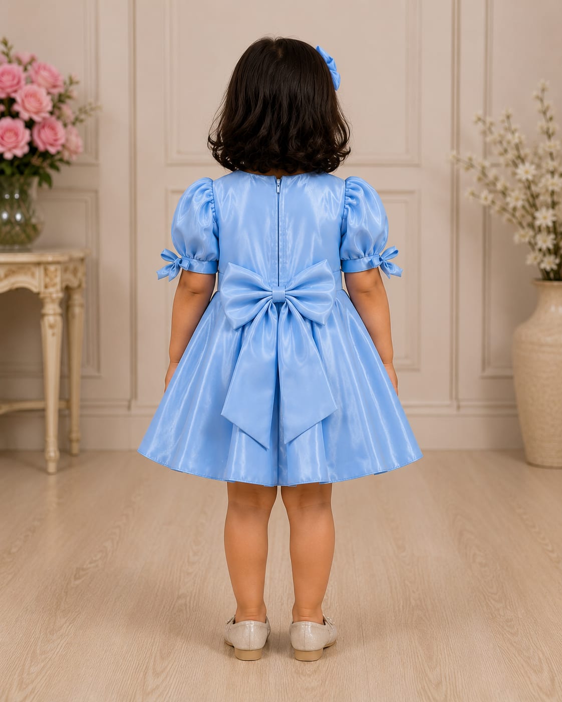 Enchanting Sky Blue Satin Party Frock with Matching Headband