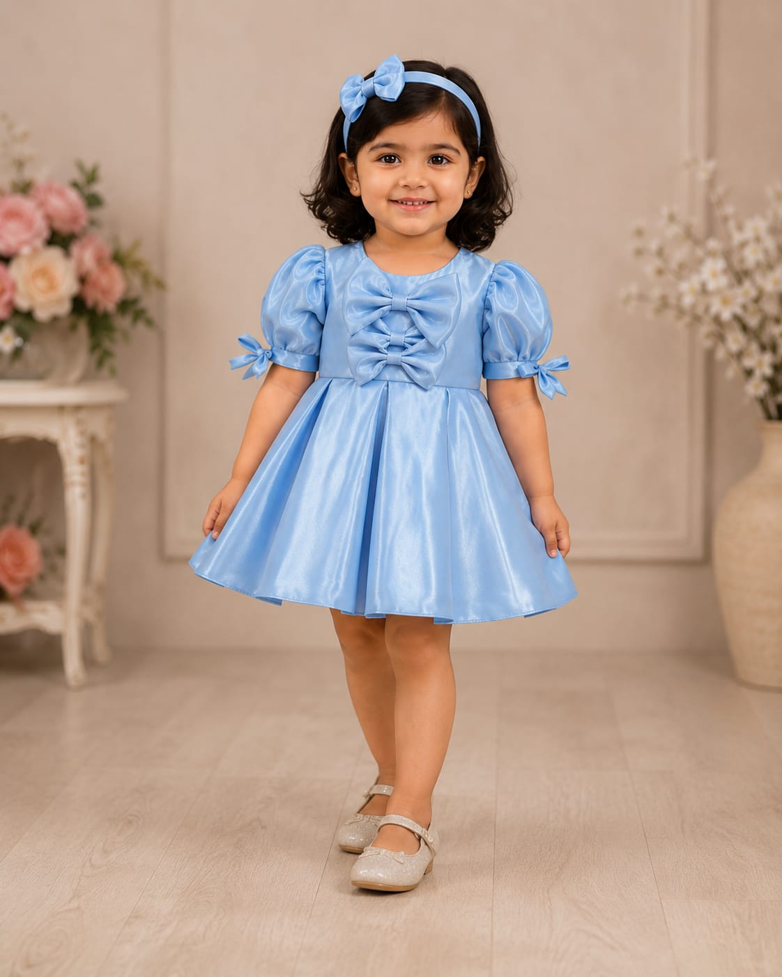 Enchanting Sky Blue Satin Party Frock with Matching Headband