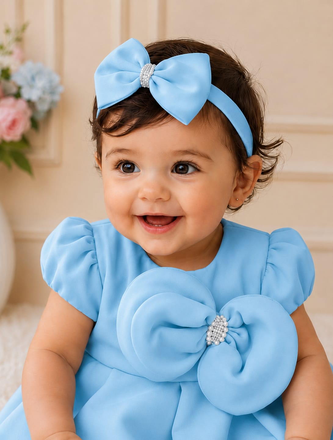 Charming Sky Blue Infant Party Frock with Matching Headband
