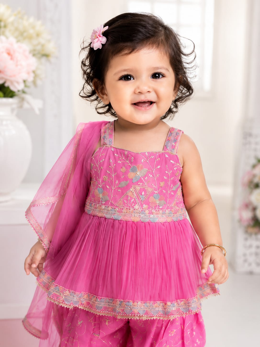 Vibrant Pink Floral Embroidered Peplum Sharara Set