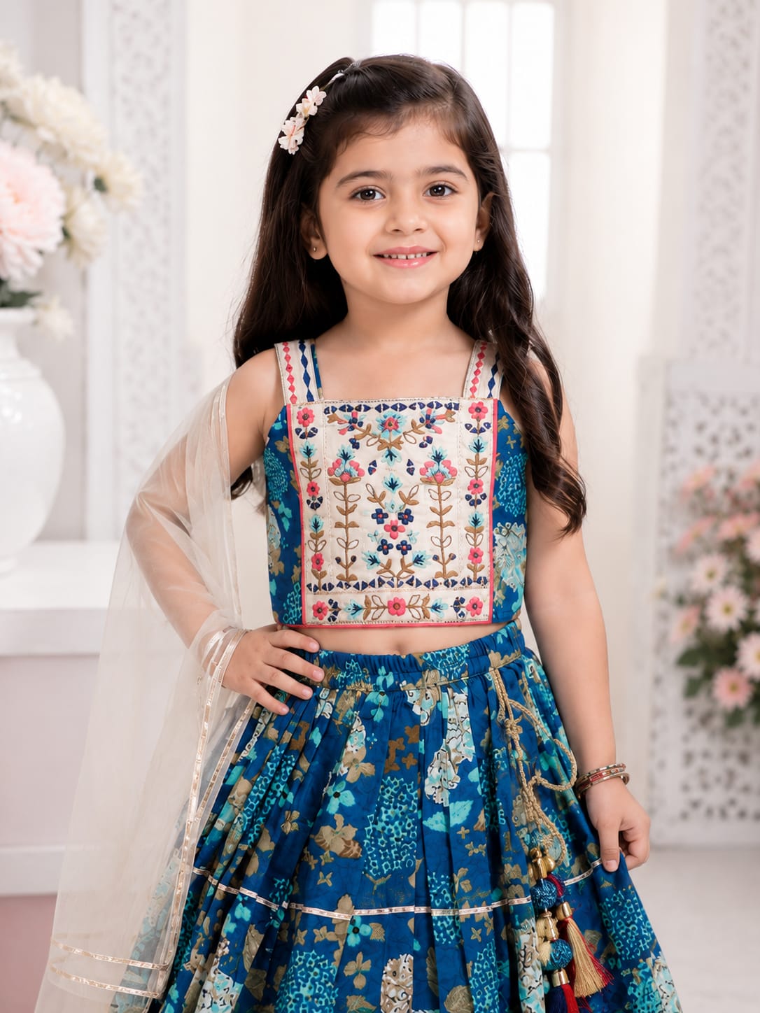 Vibrant Indigo Blue Floral Printed Lehenga Choli Set