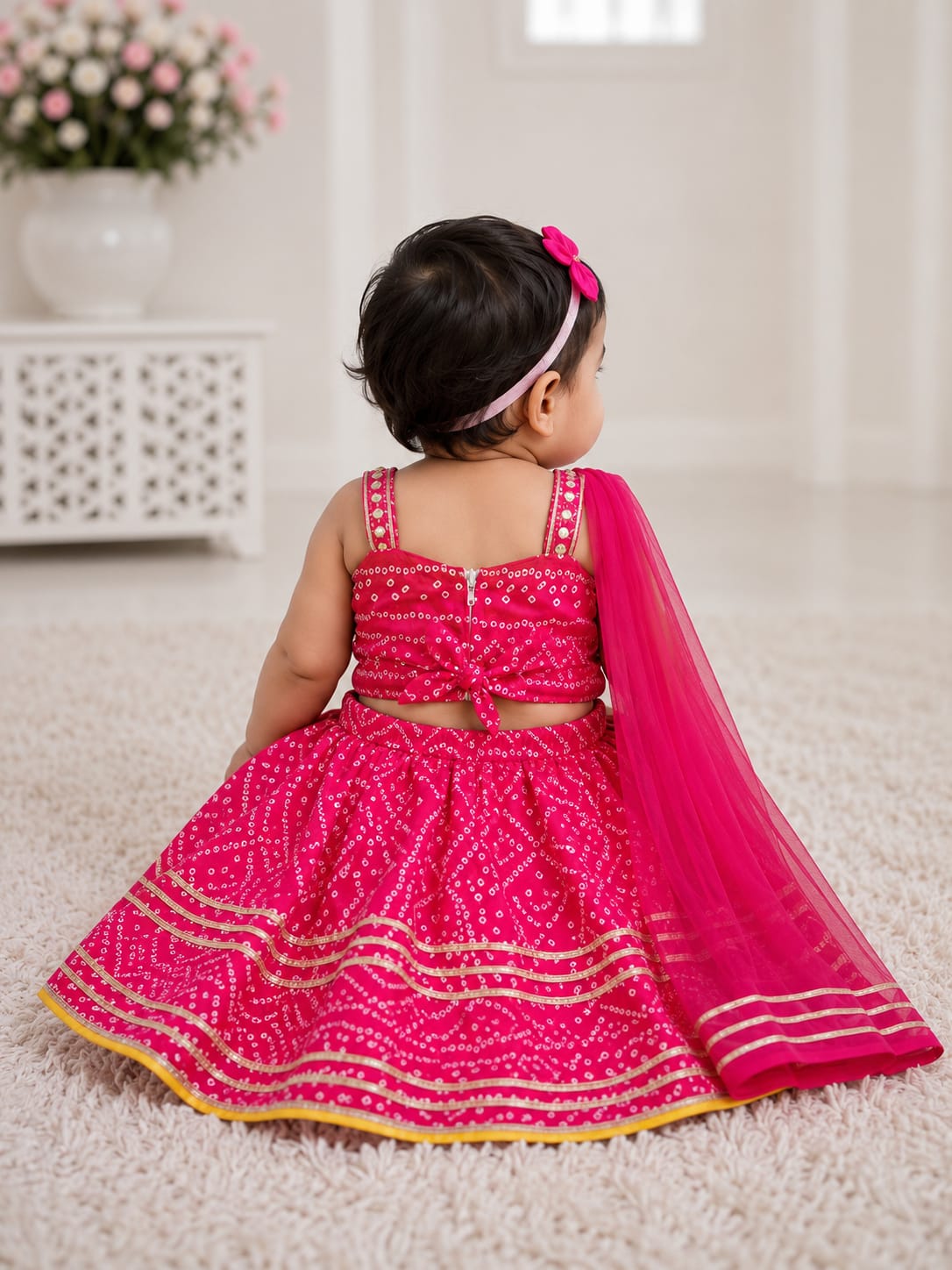 Vibrant Pink Bandhani Print Lehenga Choli Set