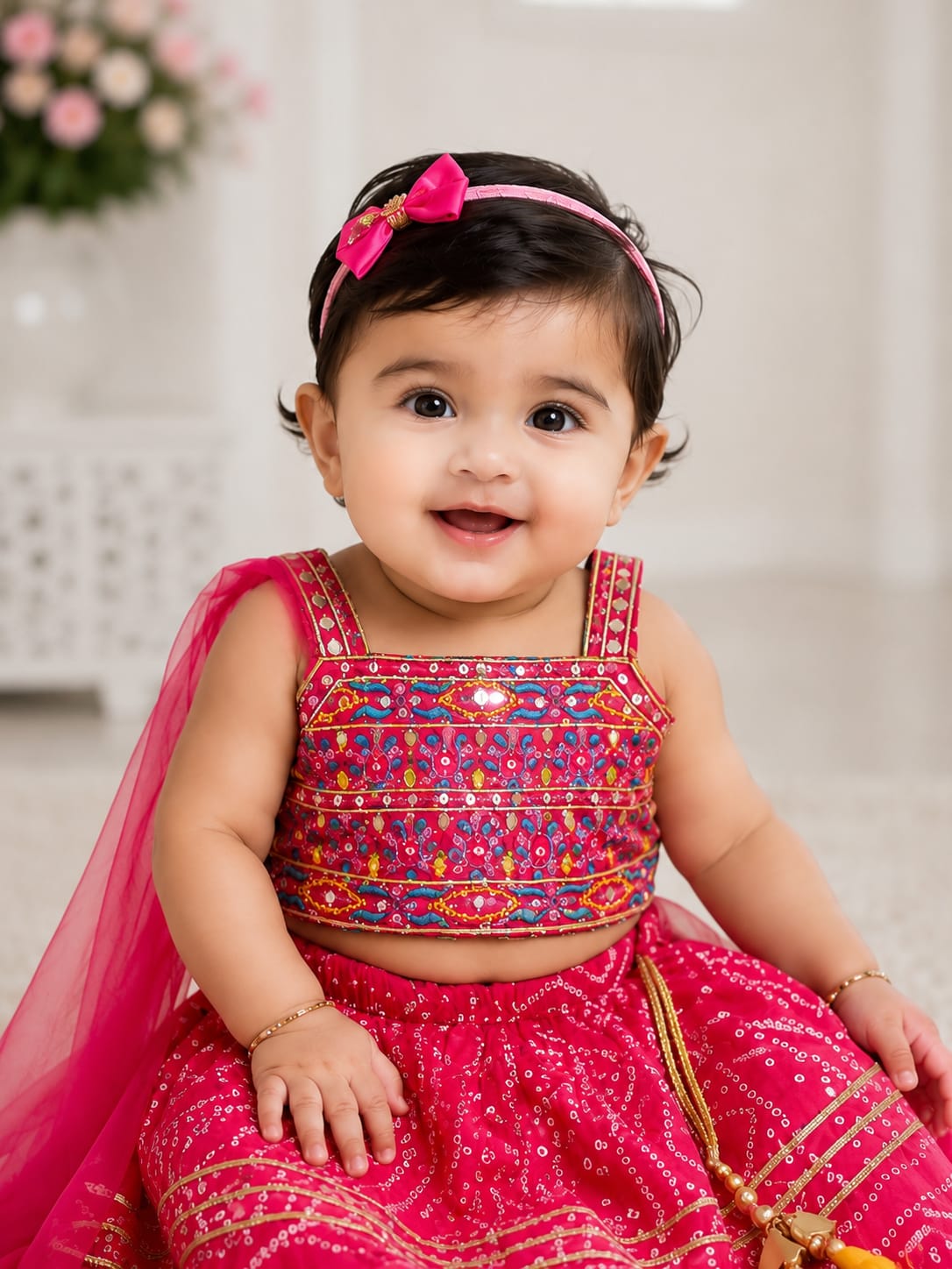 Vibrant Pink Bandhani Print Lehenga Choli Set