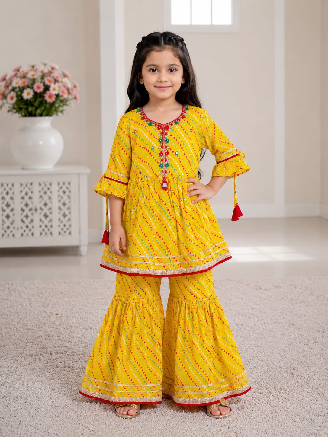 Vibrant Yellow Leheriya Sharara Set for Girls