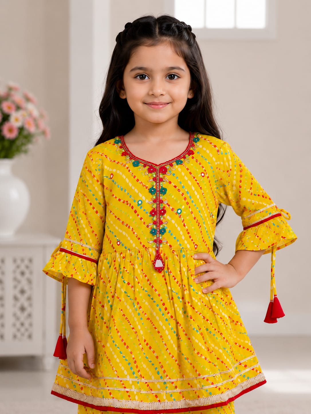 Vibrant Yellow Leheriya Sharara Set for Girls