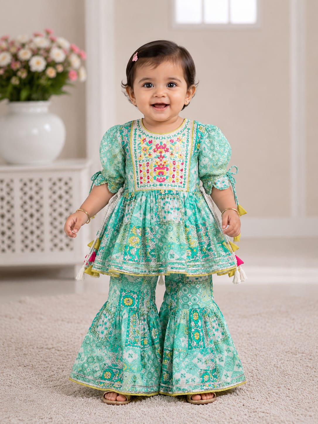 Refreshing Mint Green Patchwork Sharara Set for Girls