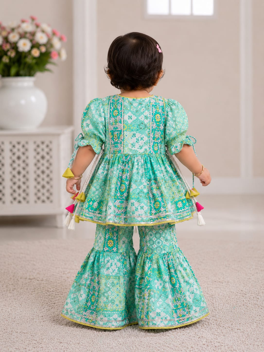 Refreshing Mint Green Patchwork Sharara Set for Girls