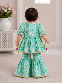 Refreshing Mint Green Patchwork Sharara Set for Girls
