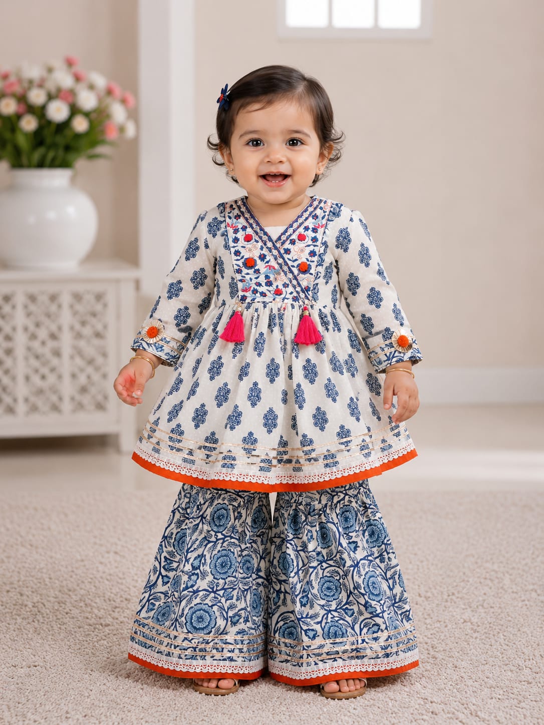 Elegant Indigo Floral Sharara Set for Girls