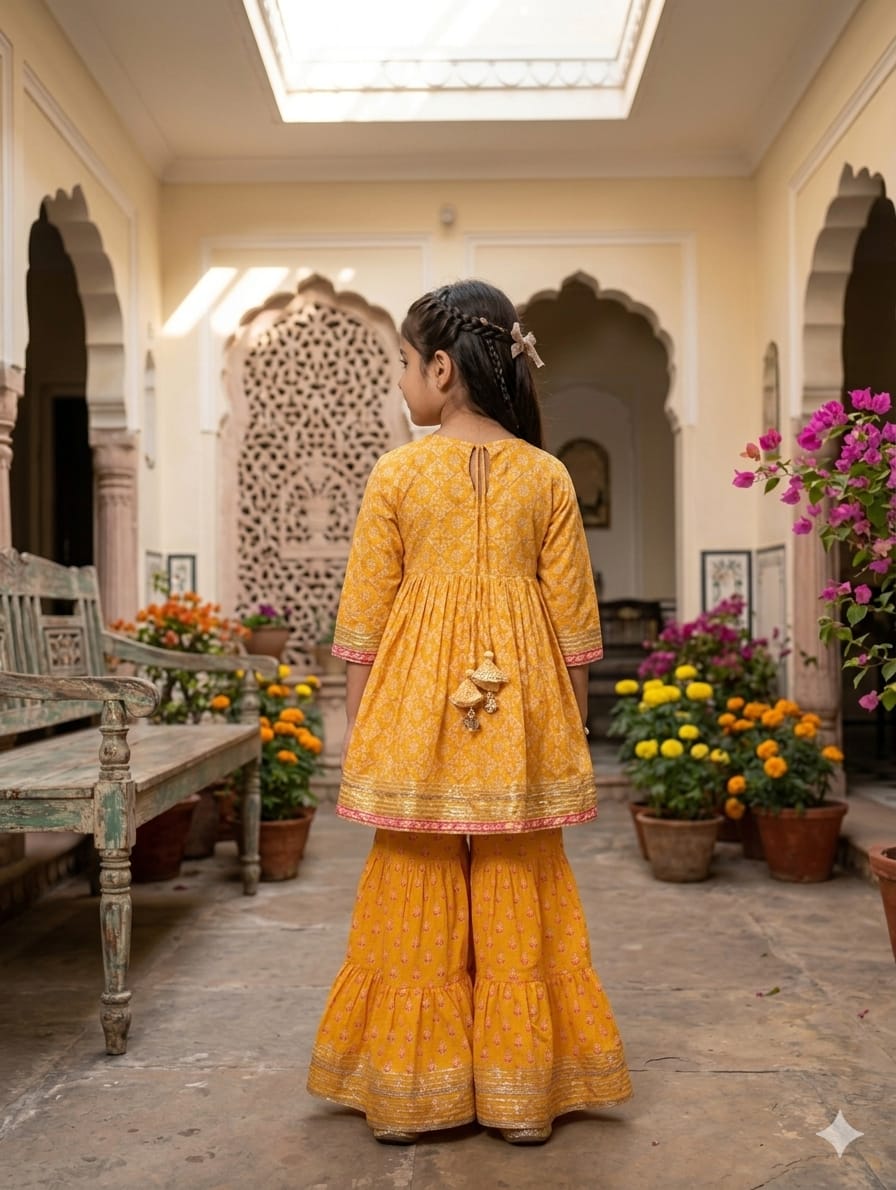Sunshine Yellow Bandhani Print Sharara Set for Girls