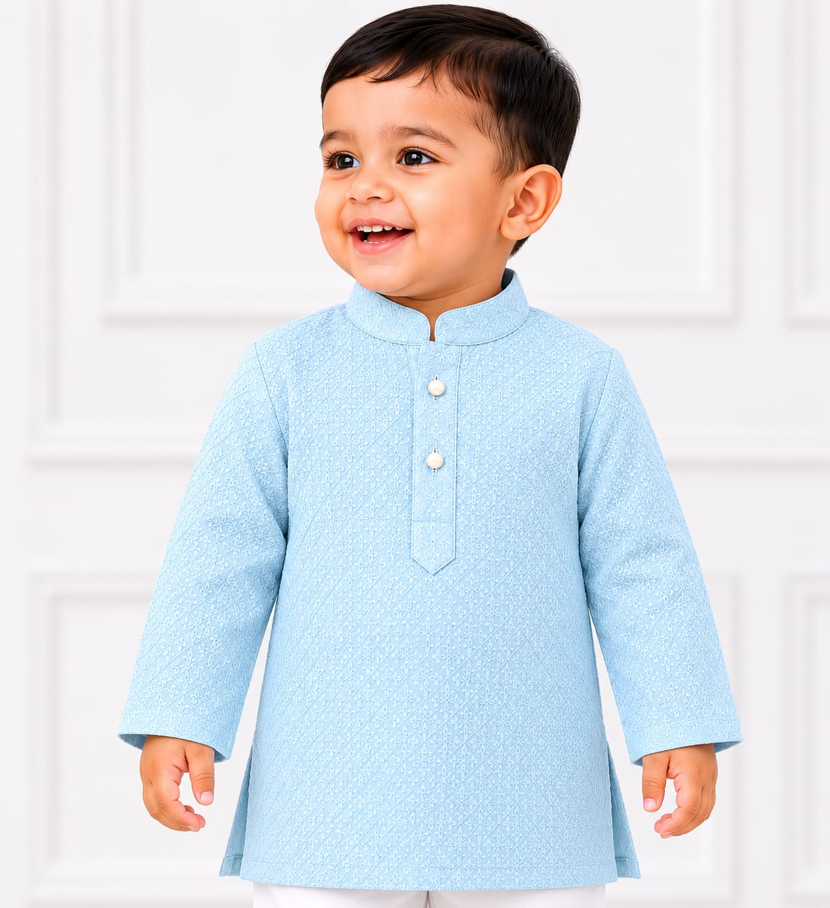 Boys' Sky Blue Self-Textured Kurta and Pyjama Set