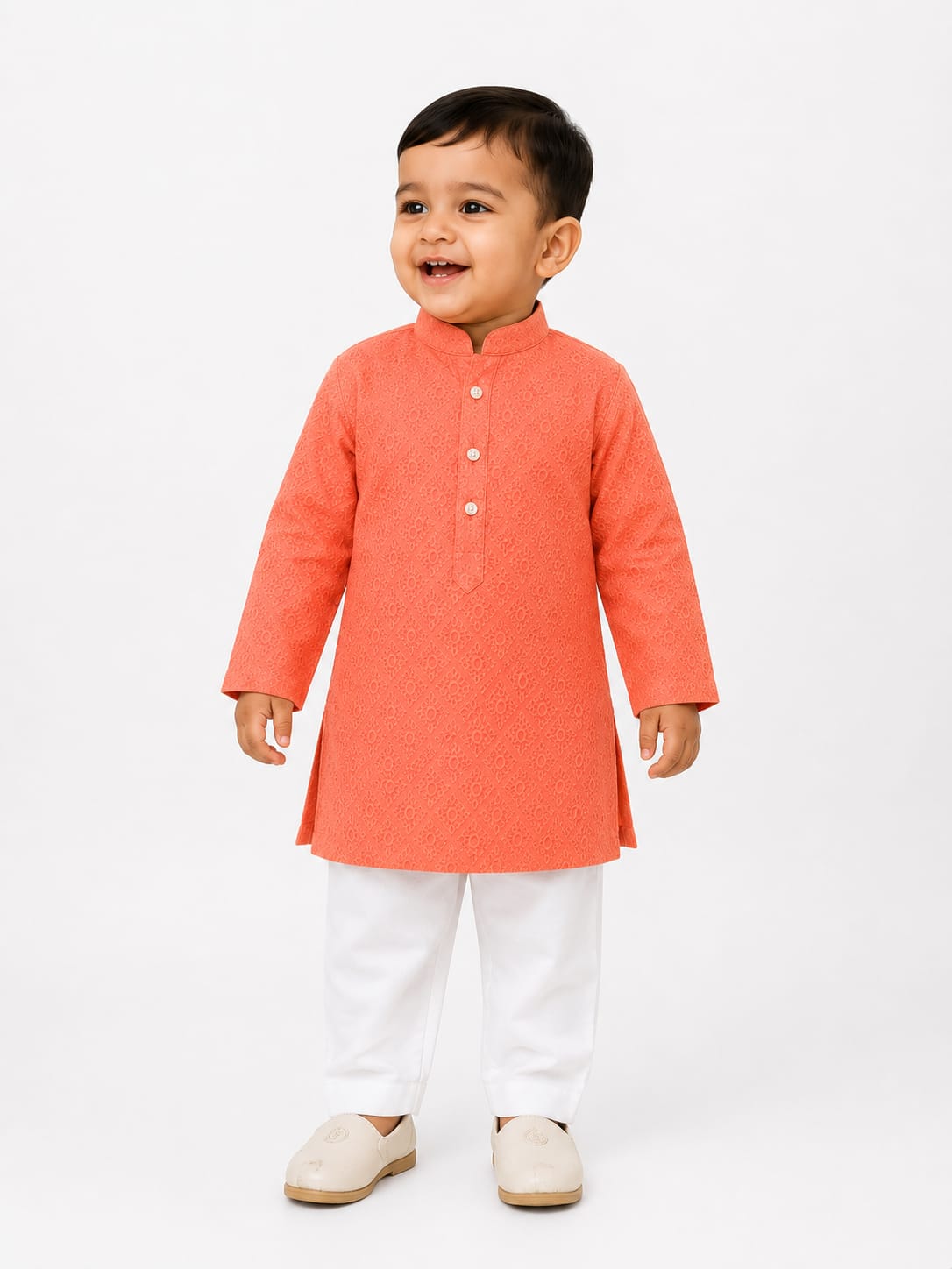 Boys' Peach-Coral Self-Textured Kurta and Pyjama Set